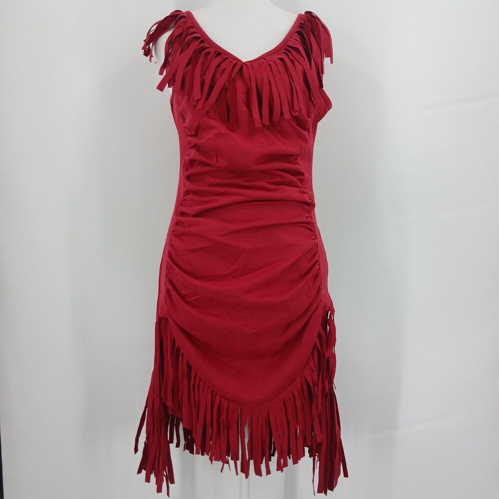 Women's Red Fringe Sleeveless Mini Dress size small rouching fringe neckline